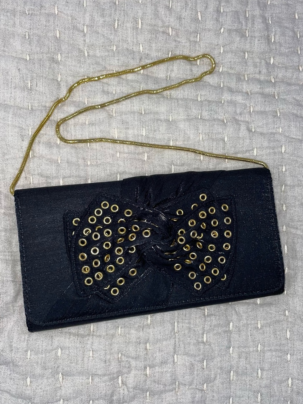 Vintage  Black Satin Evening Bag NINA Gold Chain & Bow Accents  ~  Beautiful